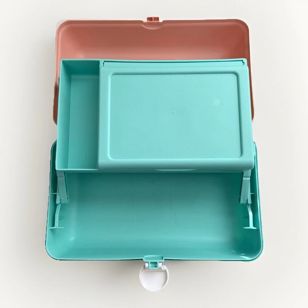 Vtg Caboodles 3 Tier Makeup Travel Case w/Vanity Mirror Peach & Mint Green USA